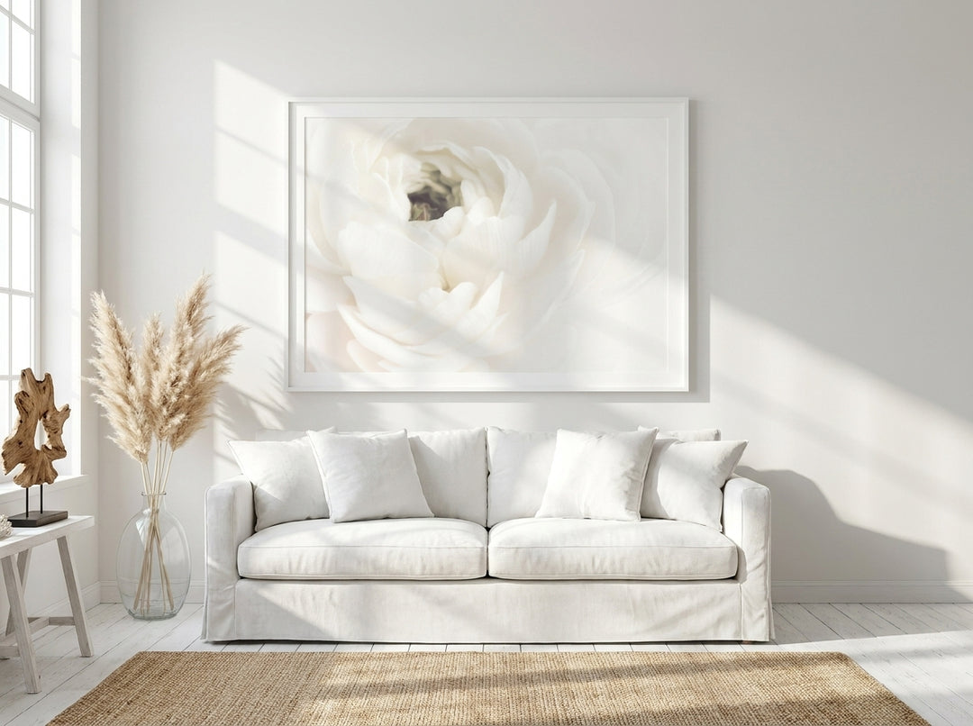 Oversized statement modern wall art print styled on the wall in a coastal living room