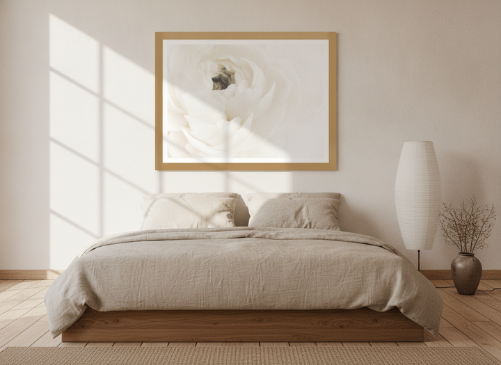 Modern wall art print styled on the wall in a warm Japandi bedroom