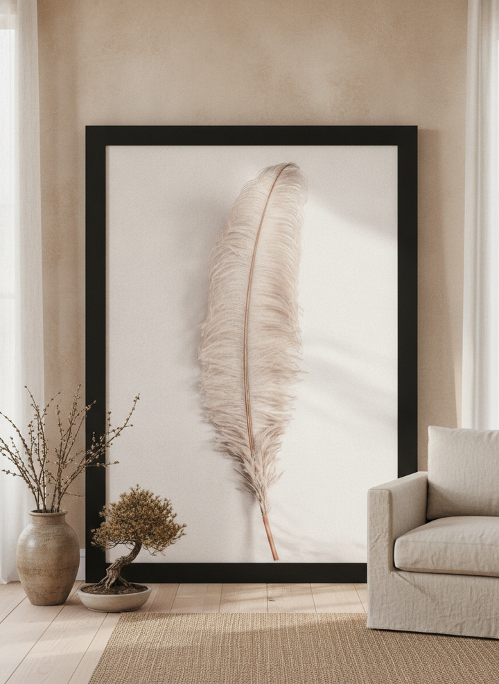 Oversized statement modern wall art print leaning against the wall in a warm Japandi living room