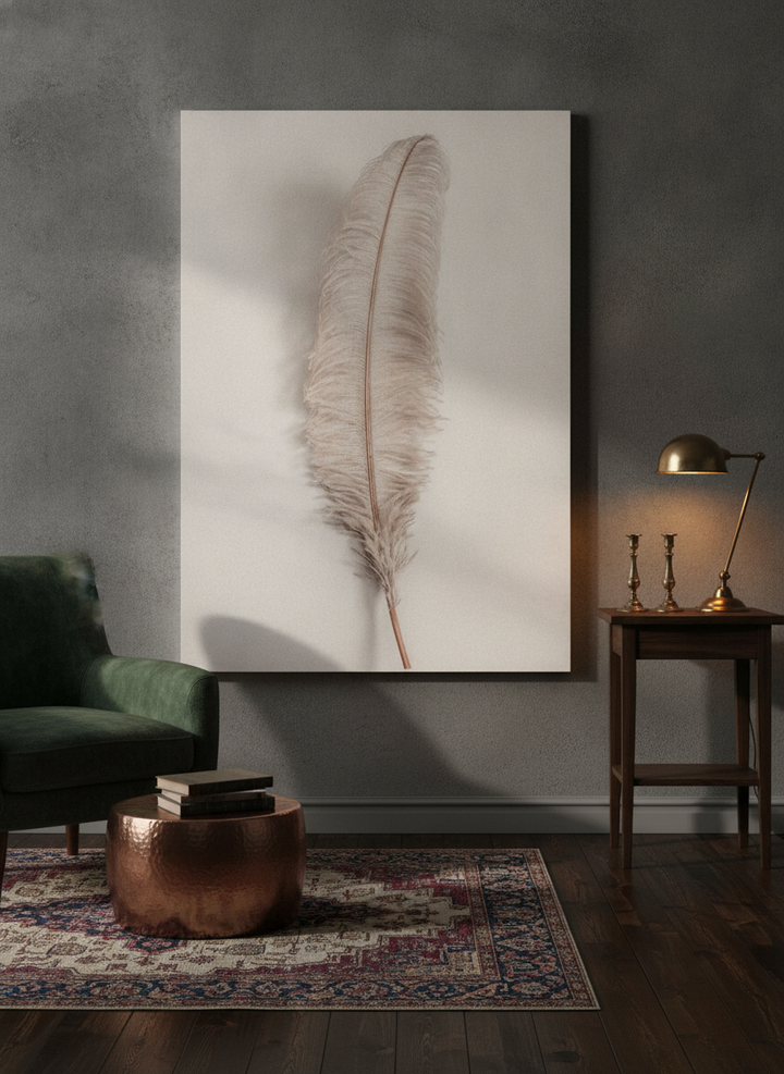 Stretched canvas wall art leaning against the wall in a moody living room