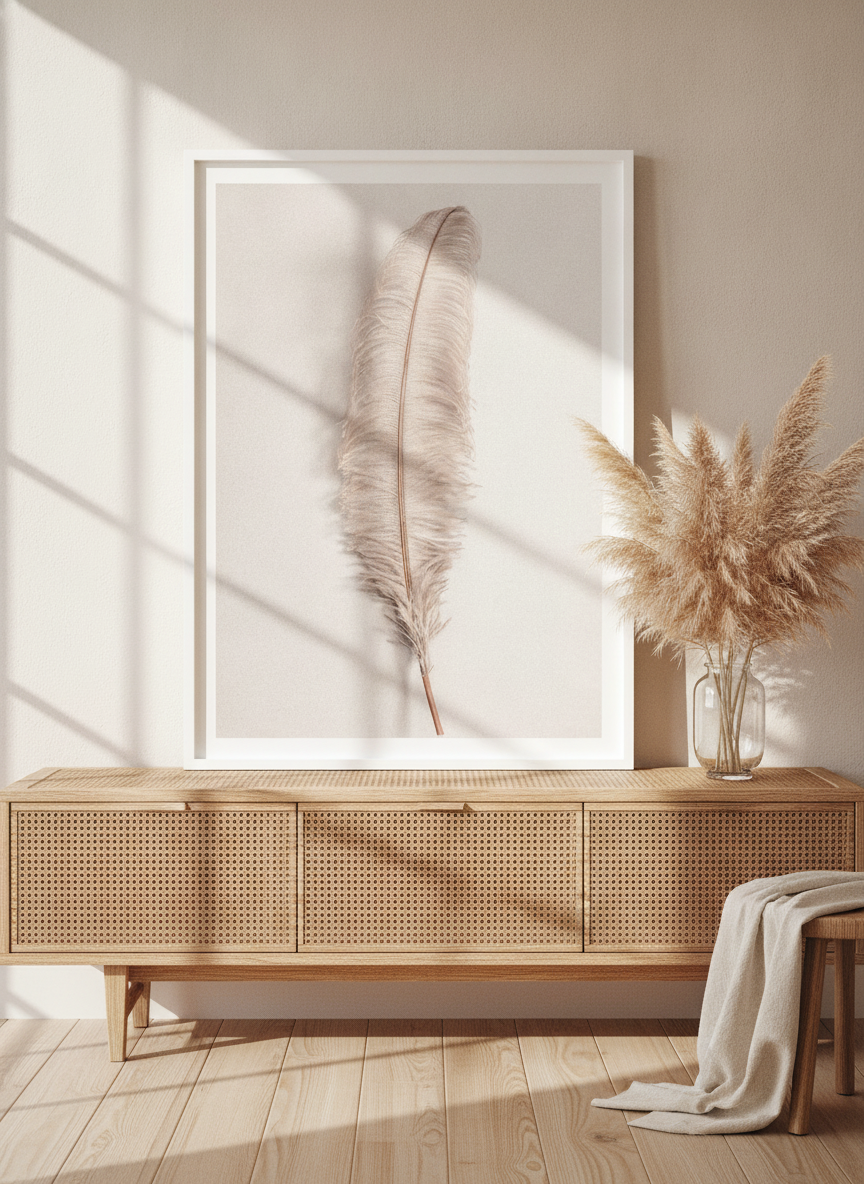 Modern wall art print standing on a sideboard in a coastal bathroom