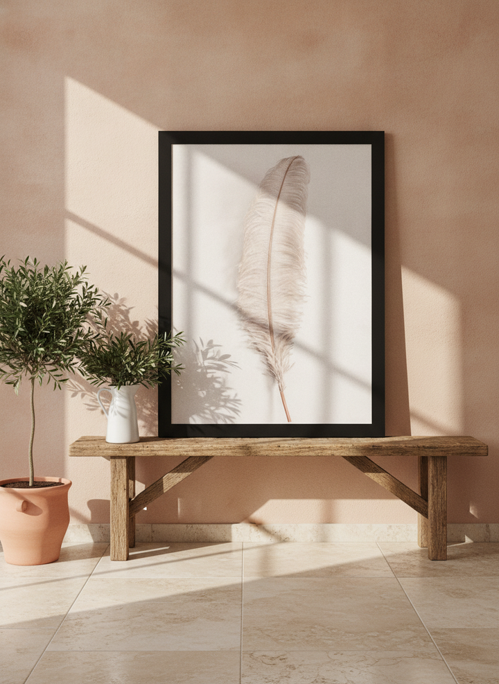 Modern wall art print standing on a bench in a Mediterranean home office