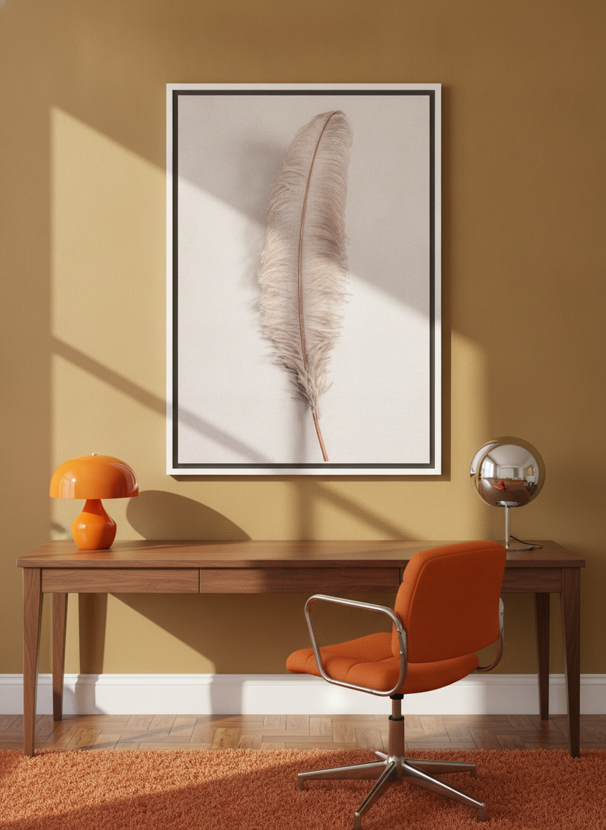 Canvas wall art with a white surround styled on the wall in a retro 70s home office