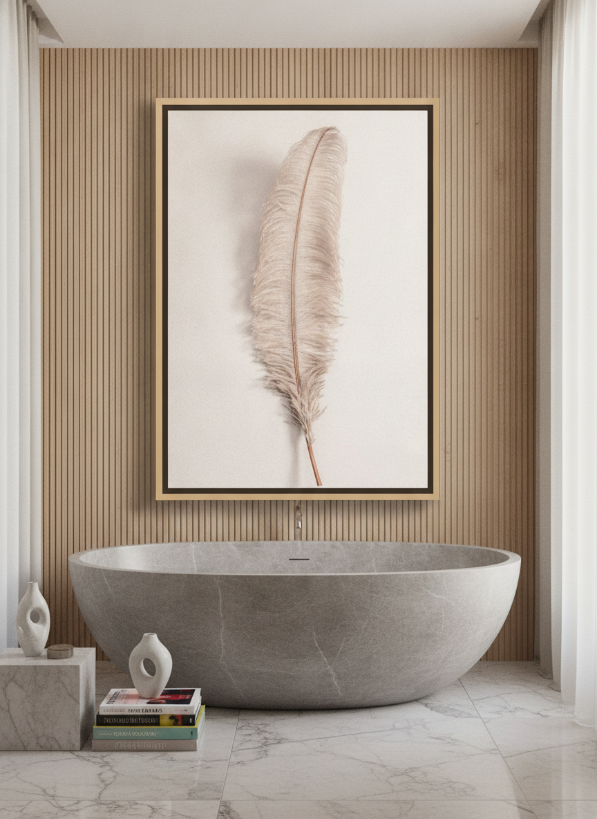 Oversized statement canvas wall art with a natural timber surround styled on the wall in a luxe bathroom