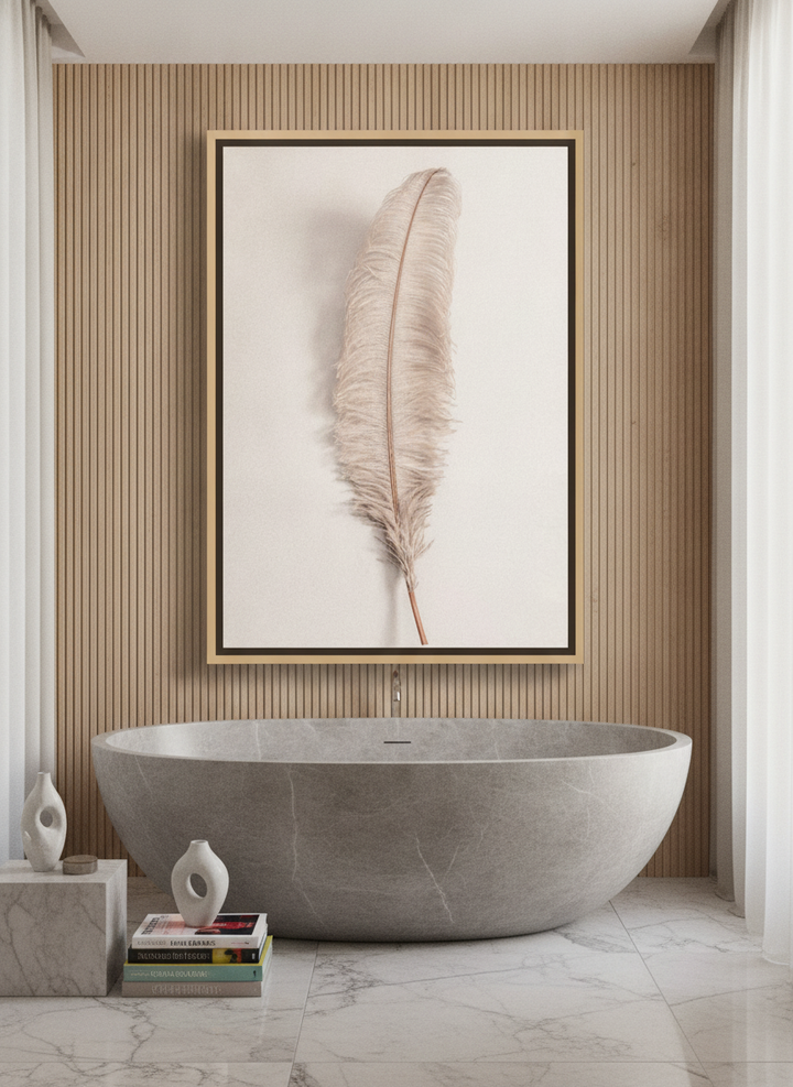 Oversized statement canvas wall art with a natural timber surround styled on the wall in a luxe bathroom