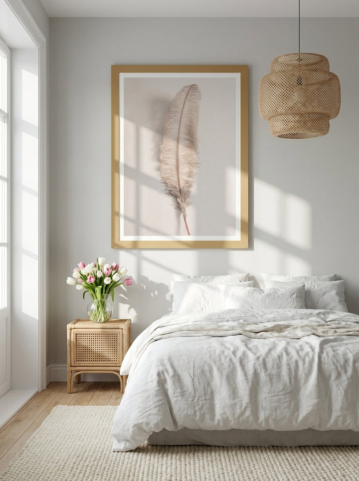 Modern wall art print styled on the wall in a bright Scandinavian bedroom