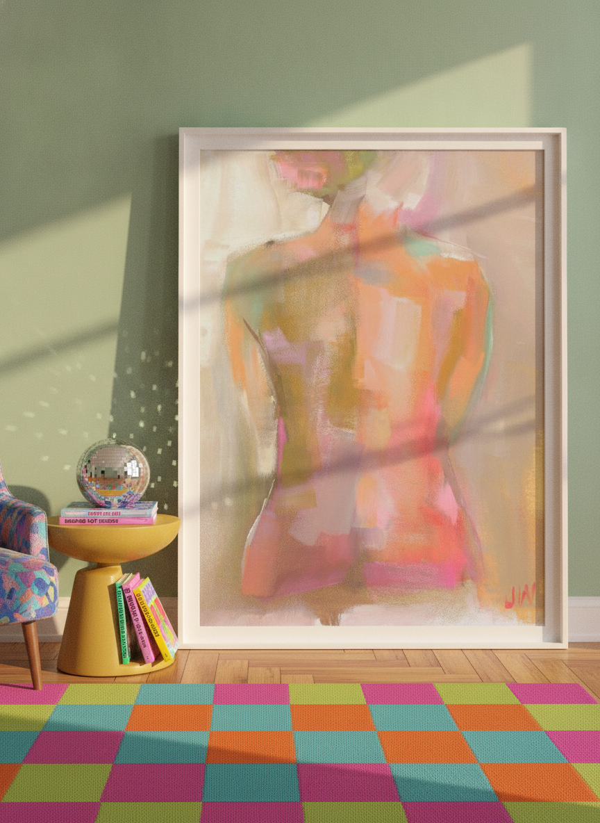 Oversized statement modern wall art print leaning against the wall in a colourful eclectic living room