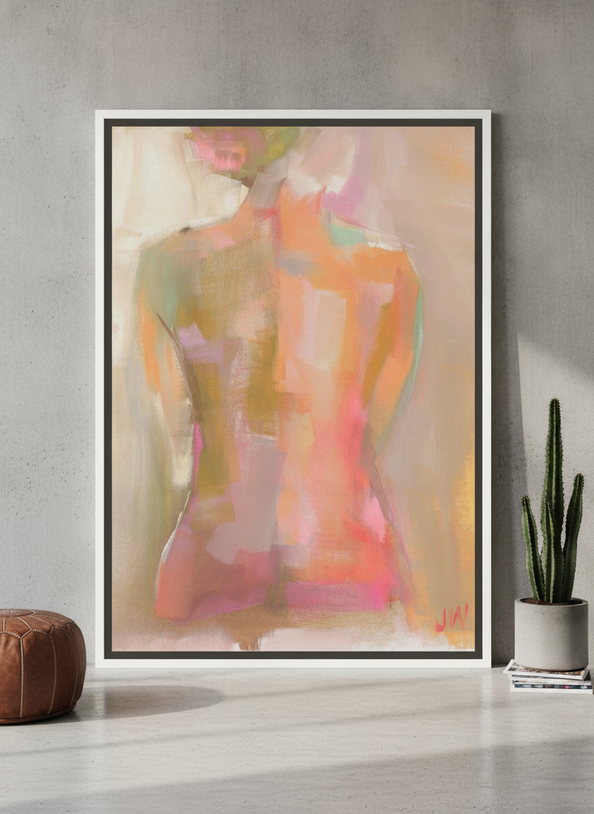 Oversized statement canvas wall art with a white surround leaning against the wall in an industrial loft living room