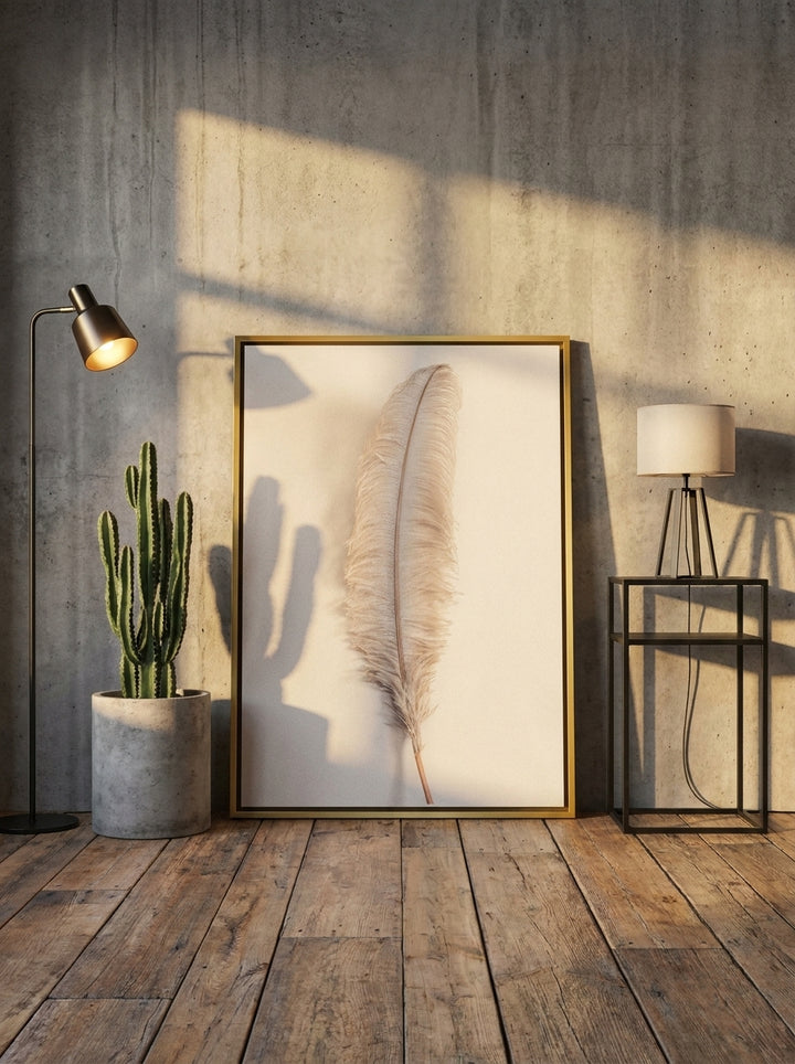 Canvas wall art with a gold leaf surround leaning against the wall in an industrial loft bedroom