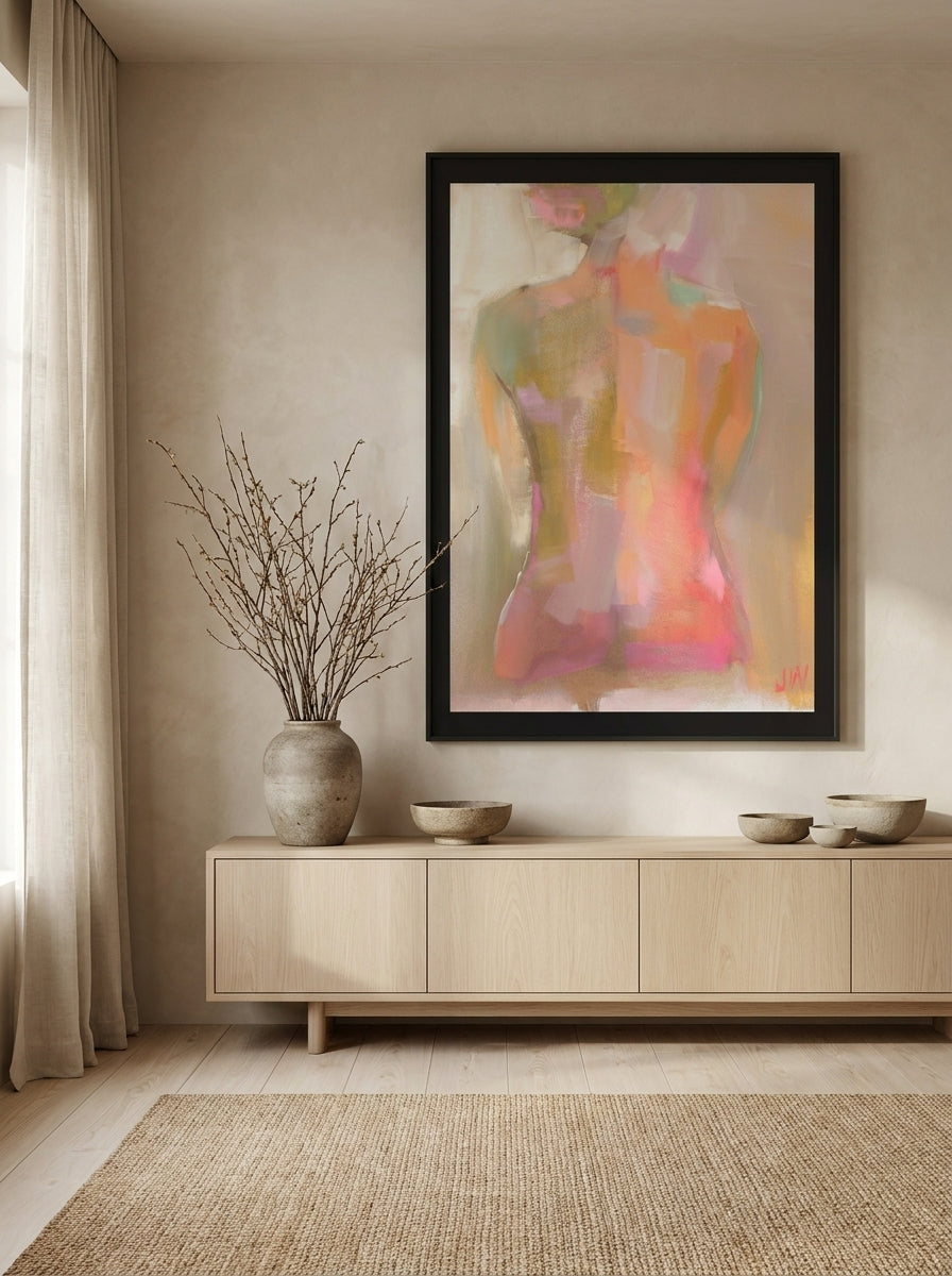 Oversized statement modern wall art print styled on the wall in a warm Japandi living room