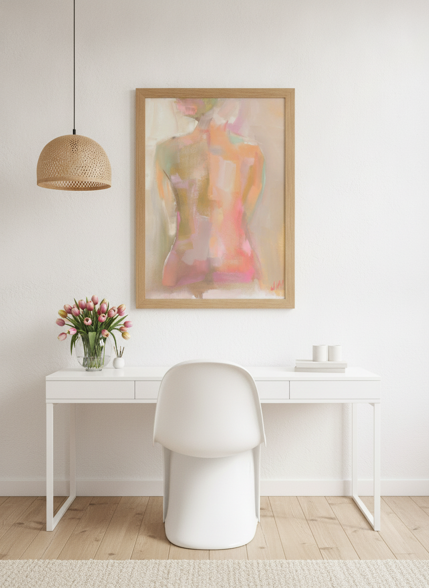Modern wall art print styled on the wall in a bright Scandinavian home office