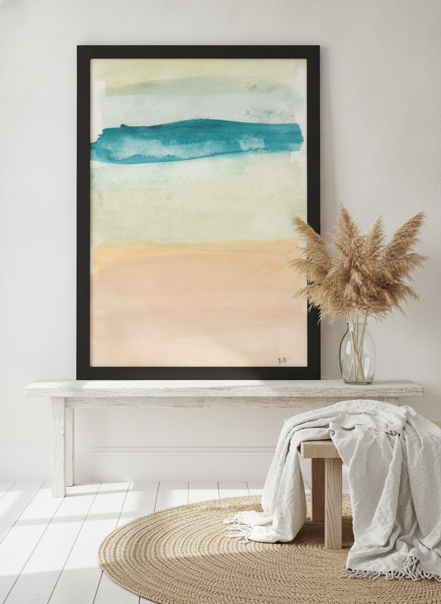 Modern wall art print standing on a console in a coastal bedroom