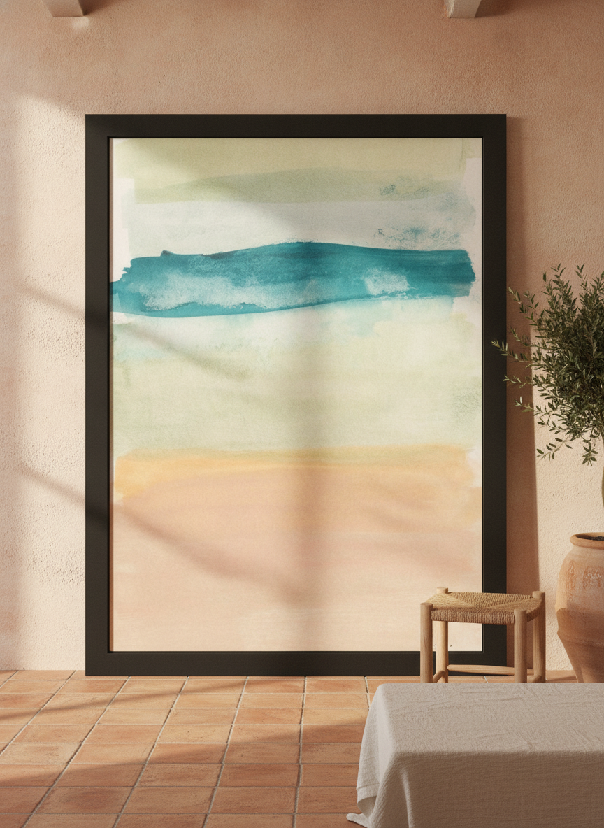 Oversized statement modern wall art print leaning against the wall in a Mediterranean dining room