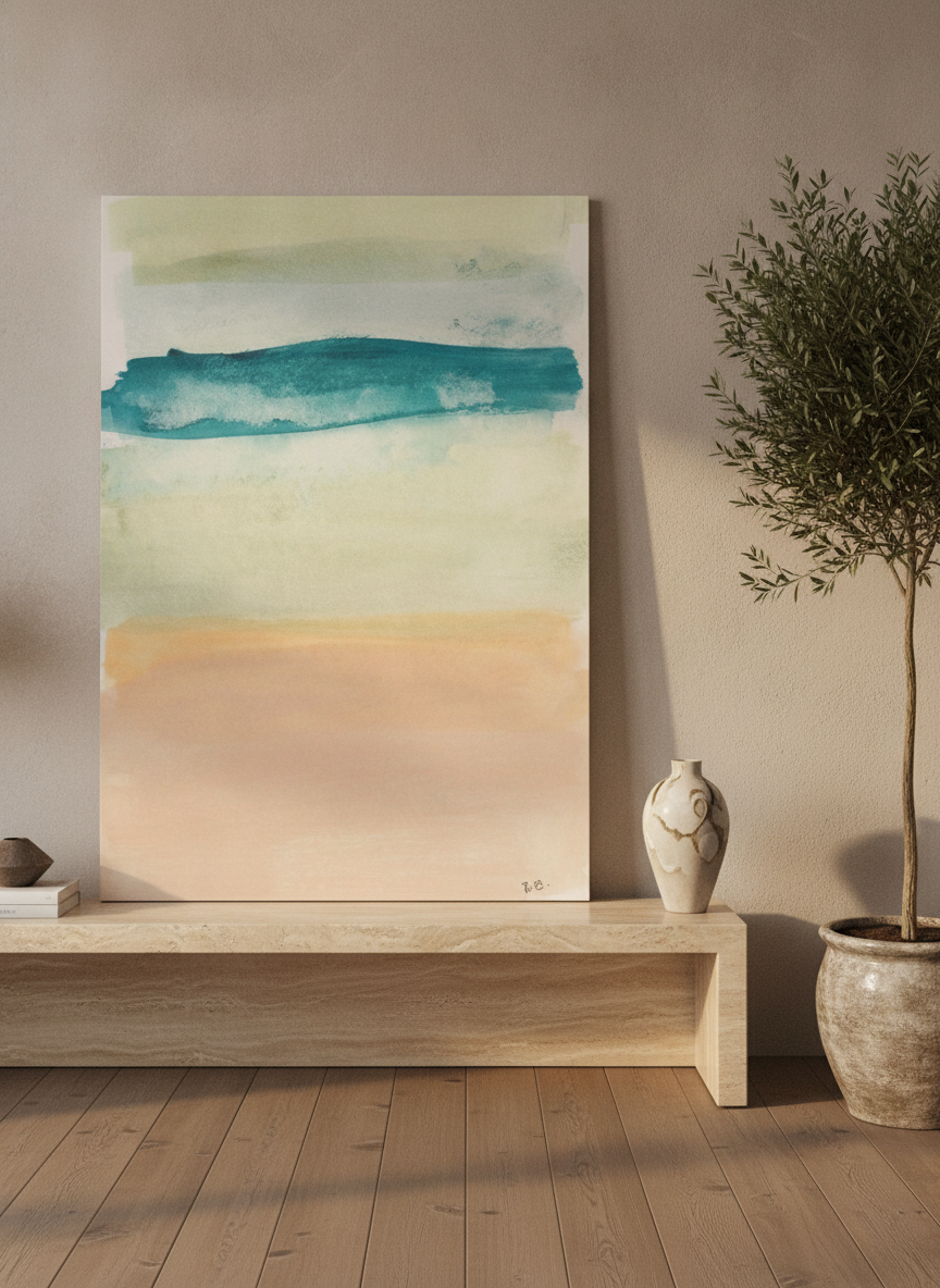 Stretched canvas wall art standing on a console in a luxe bedroom
