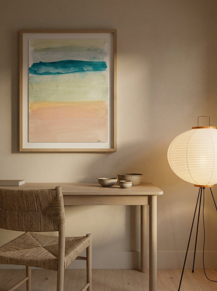 Modern wall art print styled on the wall in a warm Japandi home office