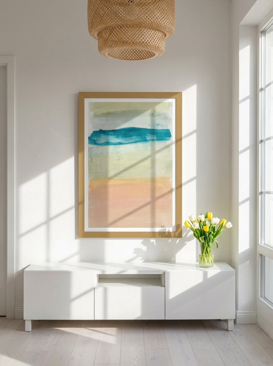 Modern wall art print styled on the wall in a bright Scandinavian living room