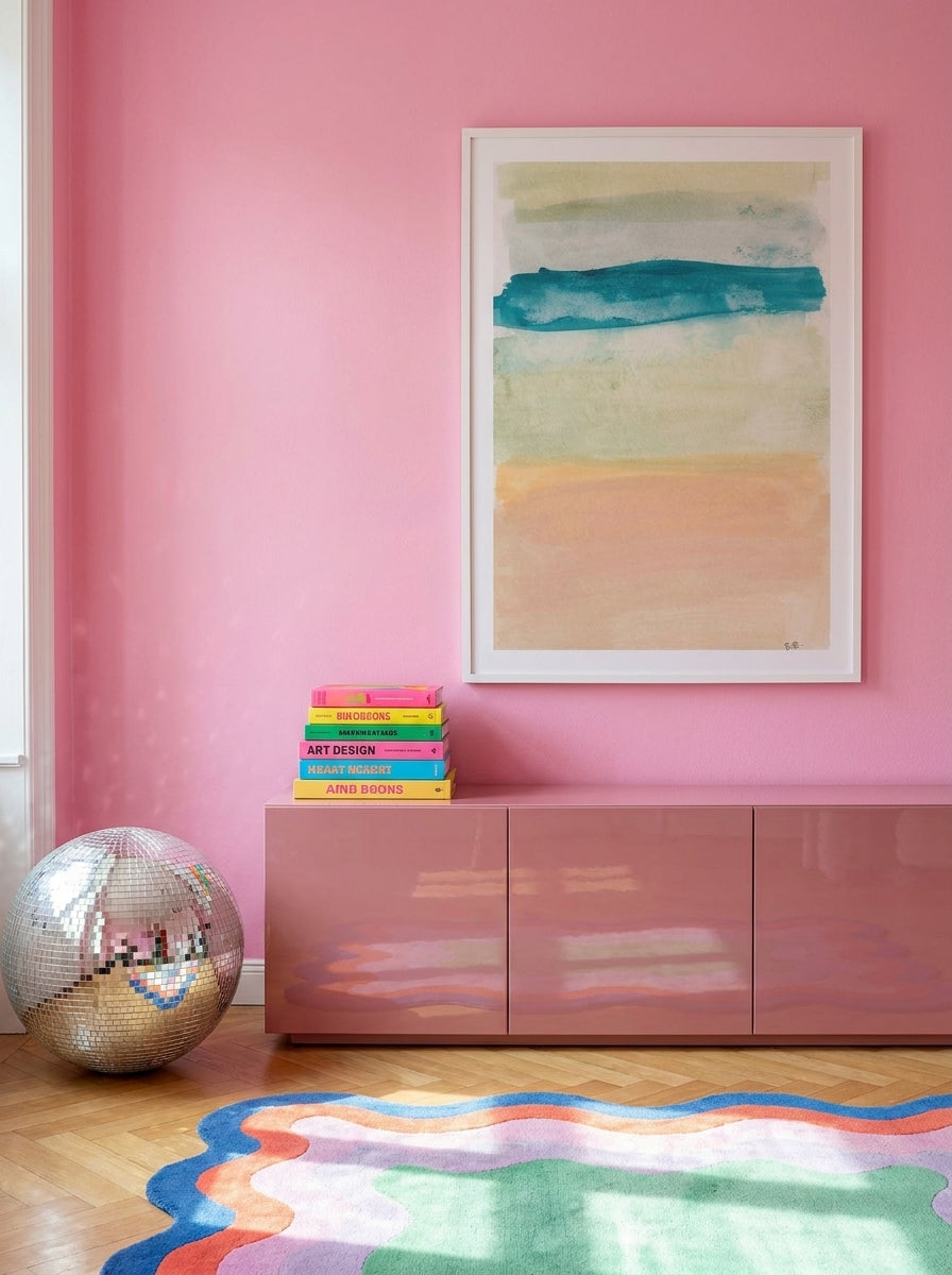 Modern wall art print styled on the wall in a colourful eclectic living room