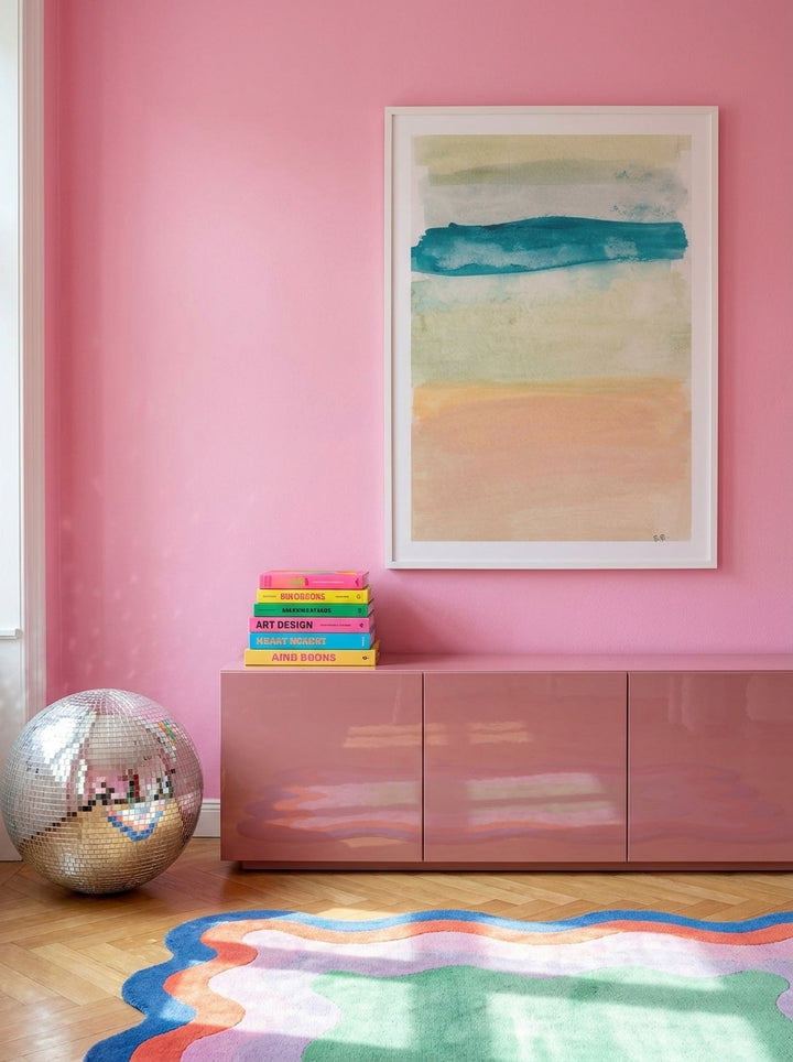 Modern wall art print styled on the wall in a colourful eclectic living room
