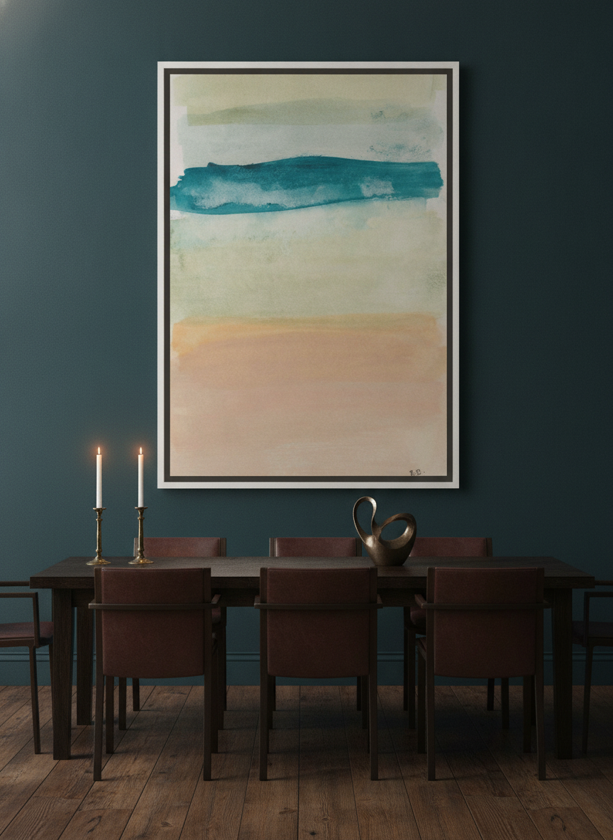 Oversized statement canvas wall art with a white surround styled on the wall in a moody dining room