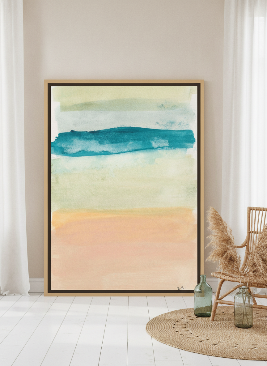 Oversized statement canvas wall art with a natural timber surround leaning against the wall in a coastal bedroom