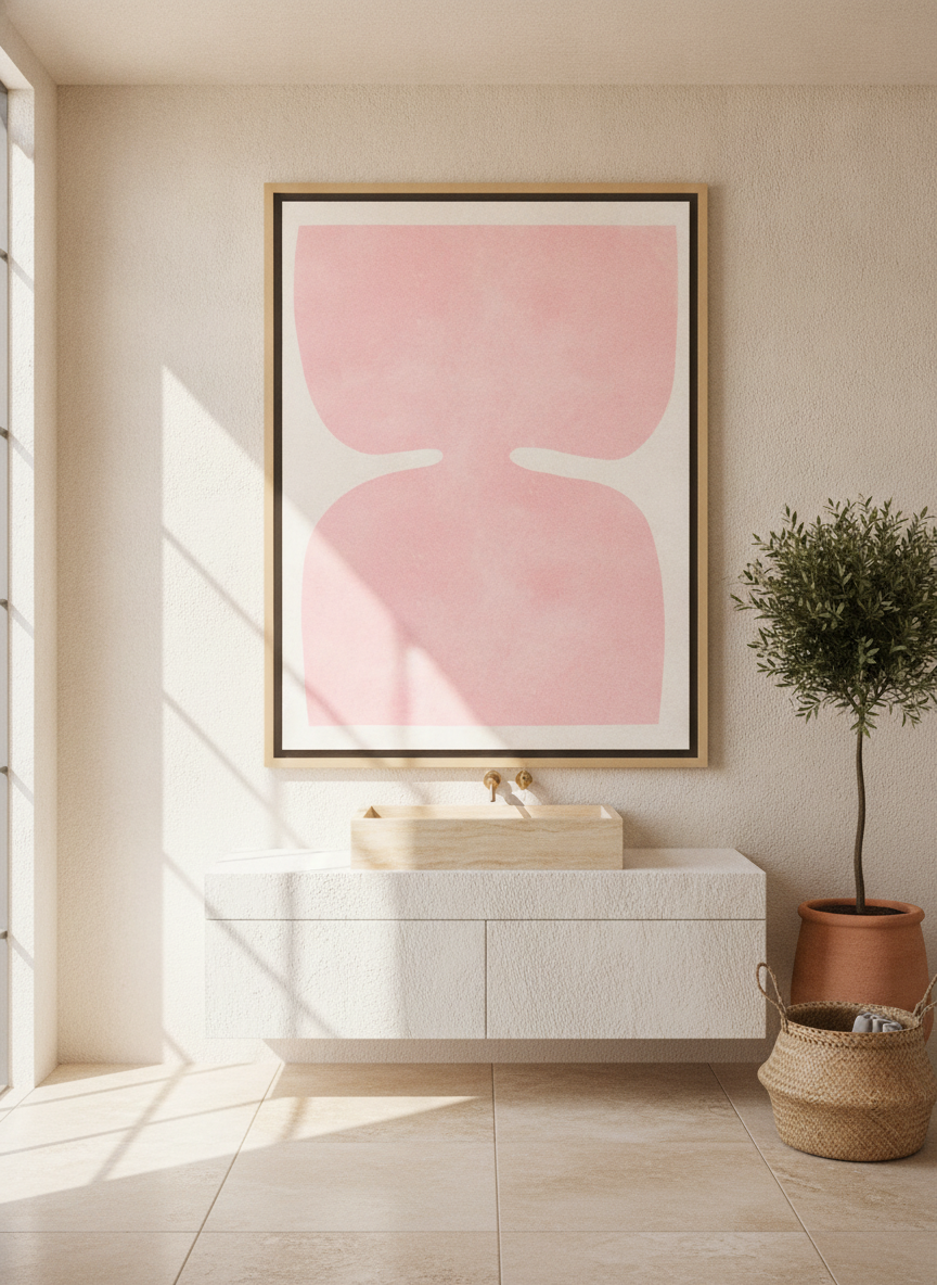 Oversized statement canvas wall art with a natural timber surround styled on the wall in a Mediterranean bathroom