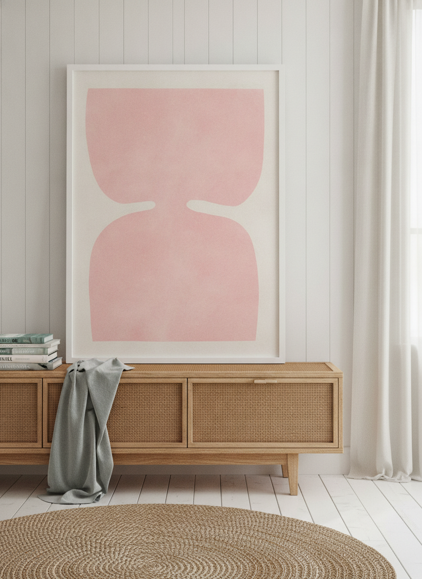 Modern wall art print standing on a sideboard in a coastal bathroom