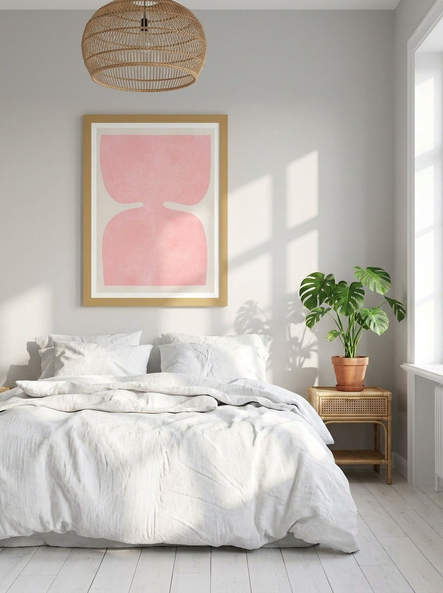 Modern wall art print styled on the wall in a bright Scandinavian bedroom