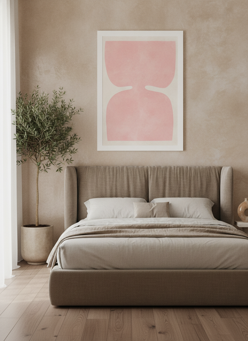 Modern wall art print styled on the wall in a luxe bedroom