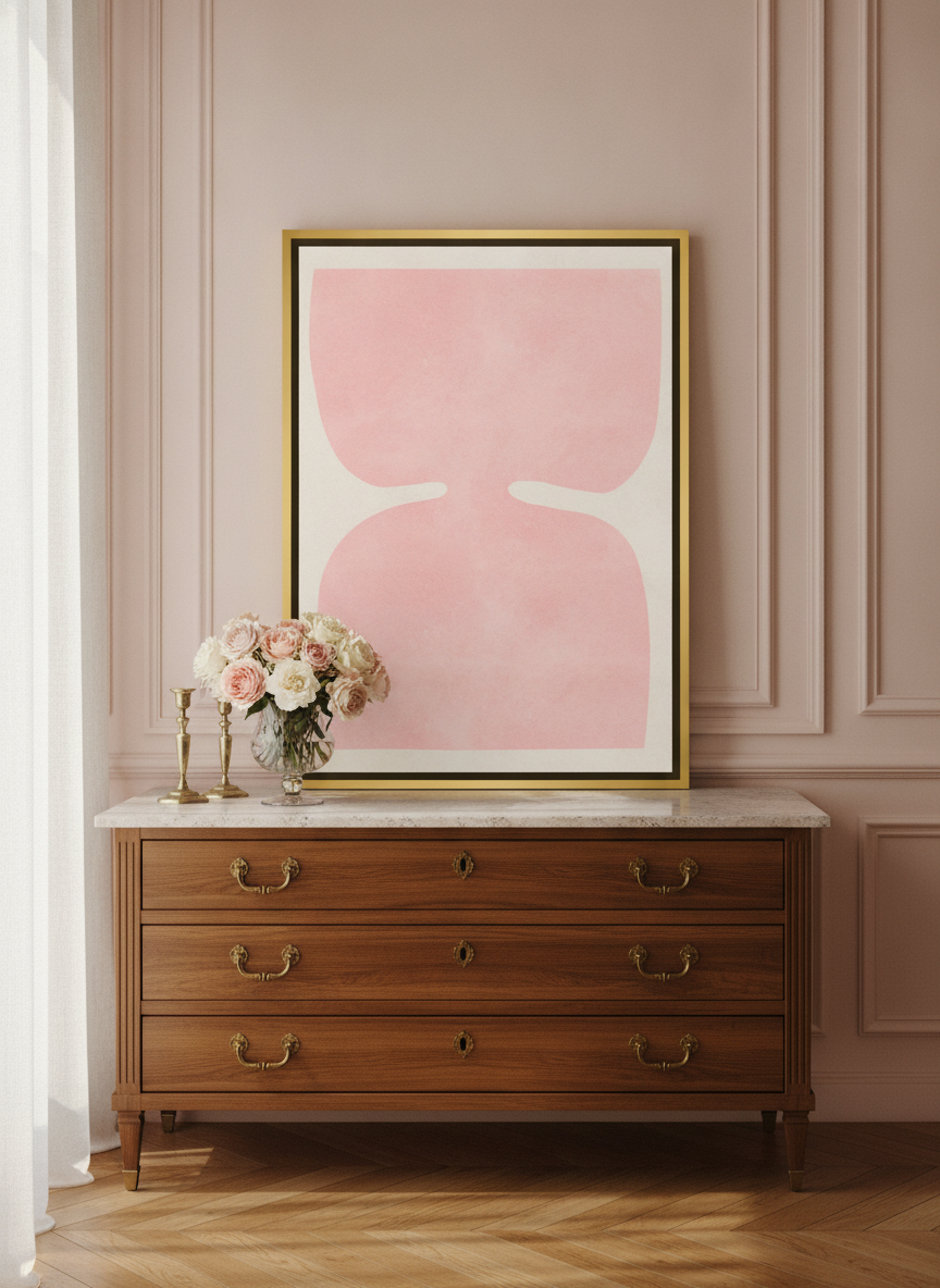 Canvas wall art with a gold leaf surround standing on a sideboard in a Parisian bedroom
