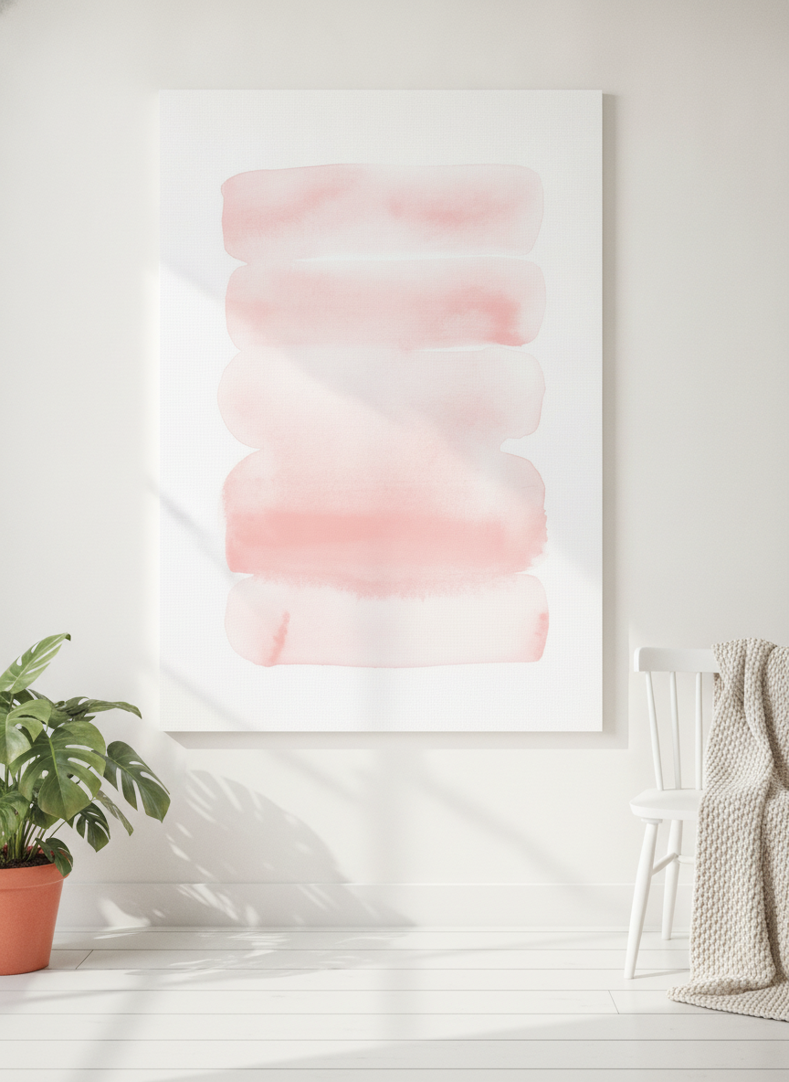 Stretched canvas wall art leaning against the wall in a bright Scandinavian nursery