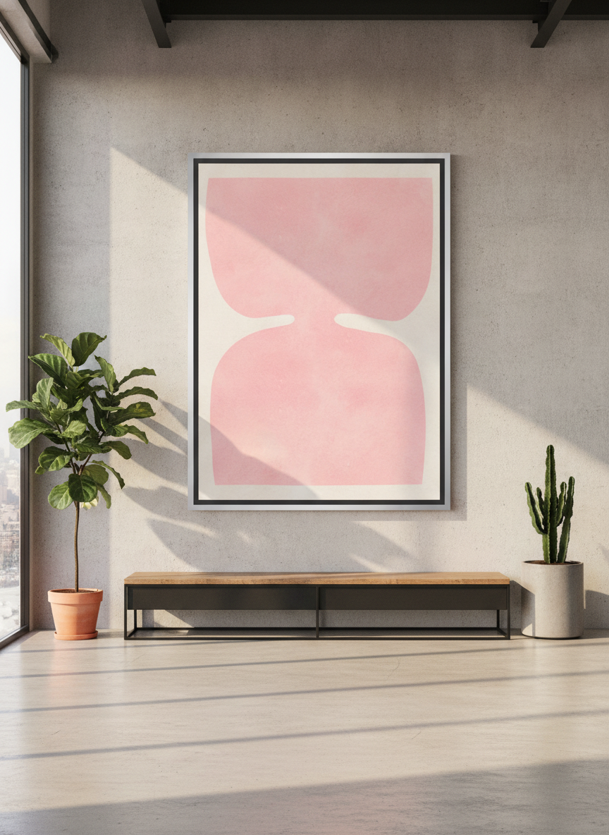 Oversized statement canvas wall art with a silver leaf surround styled on the wall in an industrial loft living room