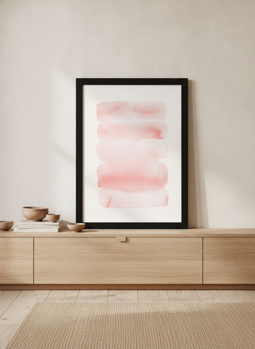 Modern wall art print standing on a sideboard in a warm Japandi nursery