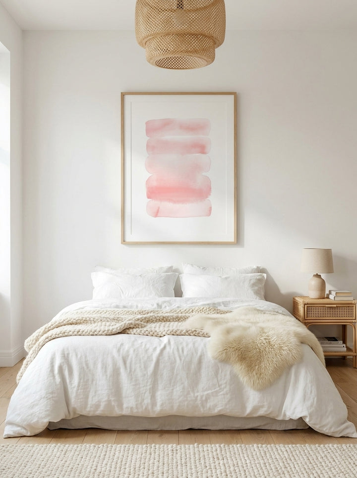 Modern wall art print styled on the wall in a bright Scandinavian bedroom