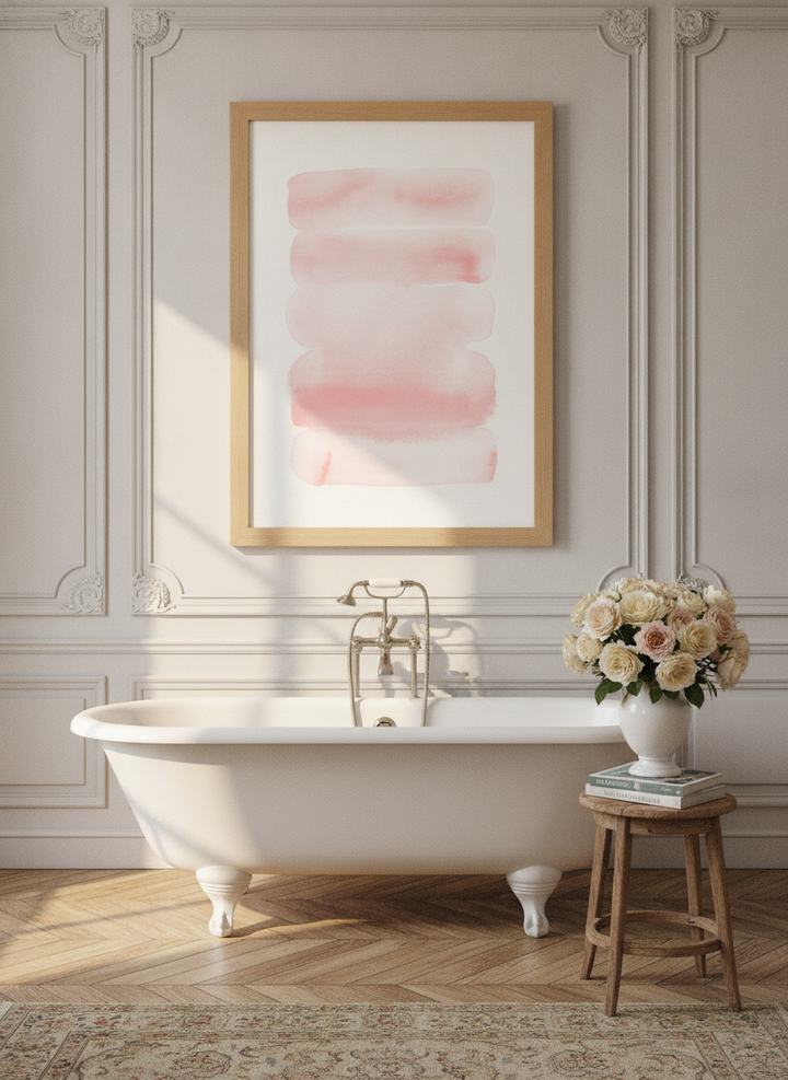 Modern wall art print styled on the wall in a Parisian bathroom