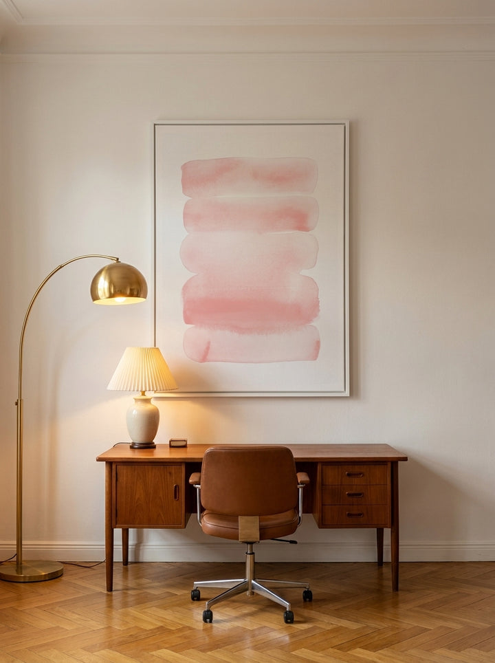 Oversized statement canvas wall art with a white surround styled on the wall in a mid-century home office