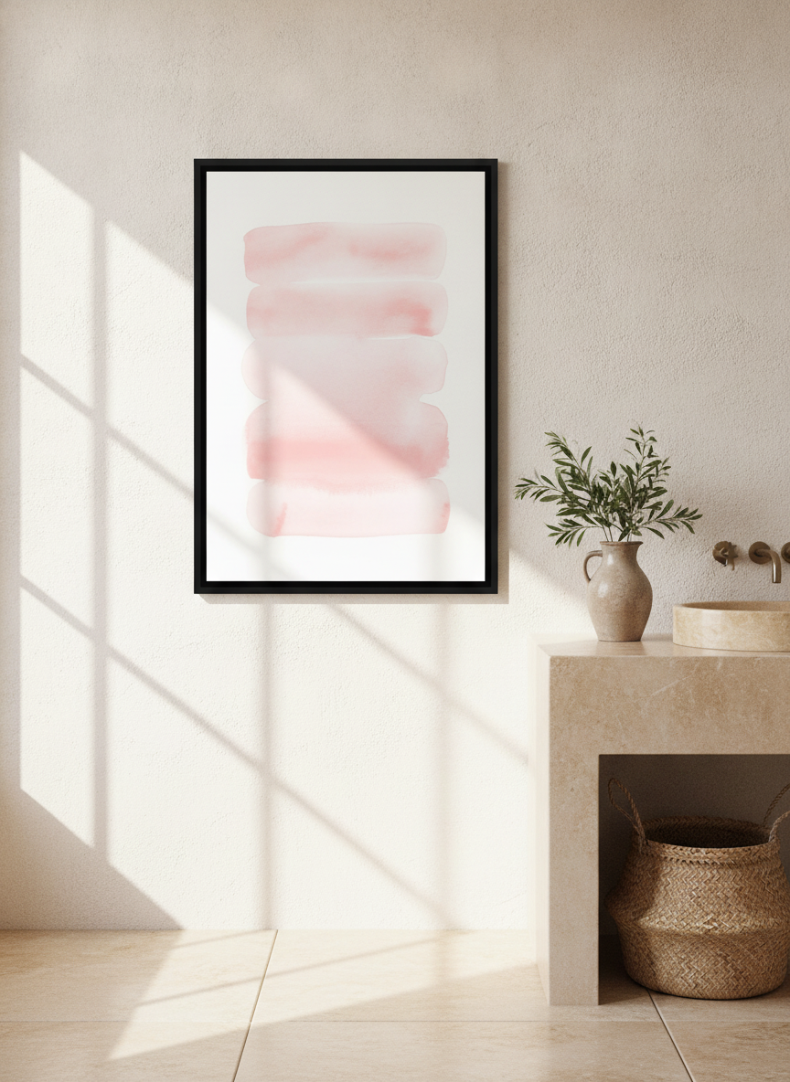Canvas wall art with a black surround styled on the wall in a Mediterranean bathroom