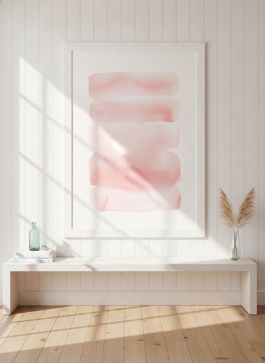 Oversized statement modern wall art print styled on the wall in a coastal living room