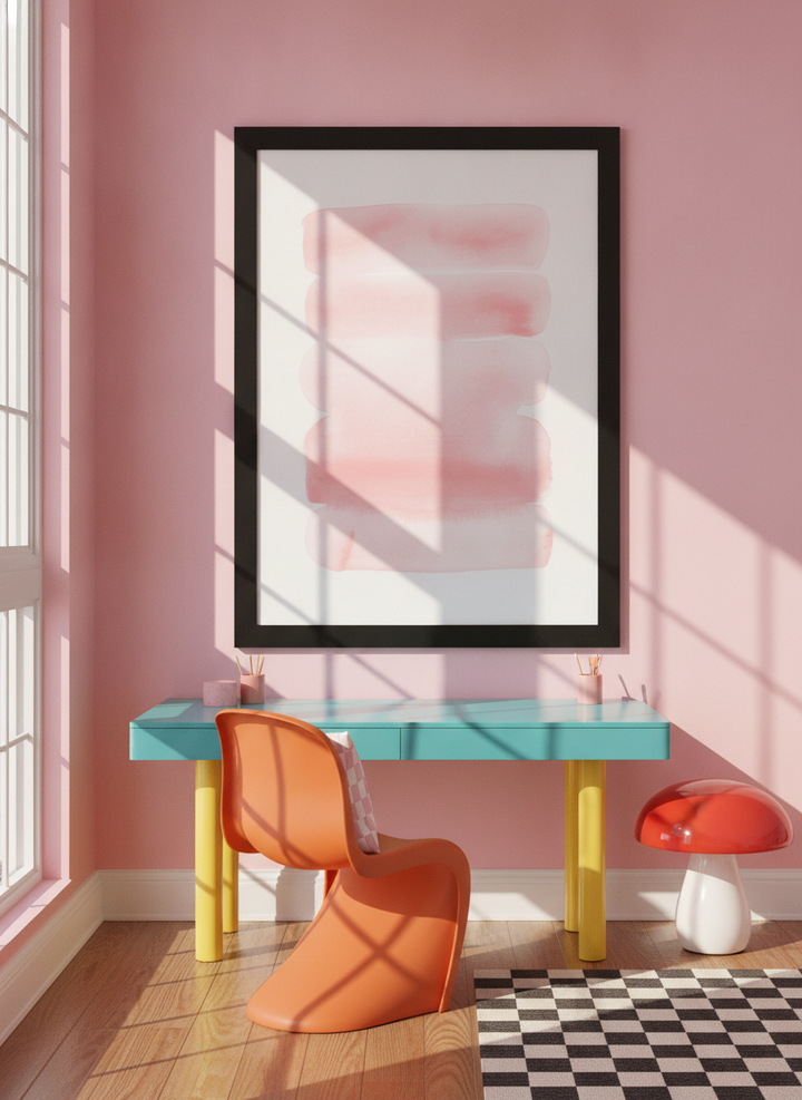 Oversized statement modern wall art print styled on the wall in a colourful eclectic home office