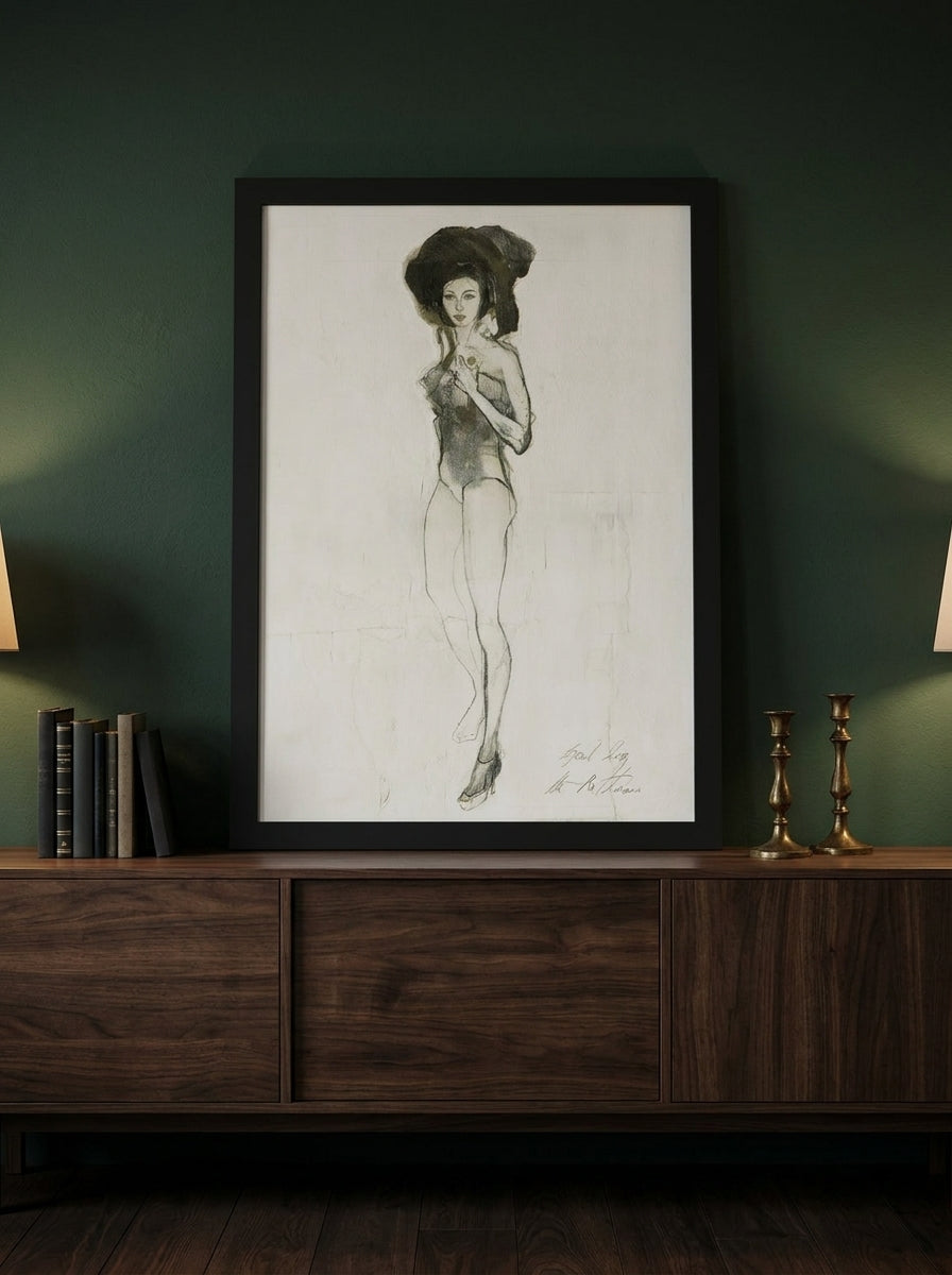 Modern wall art print standing on a sideboard in a moody bedroom