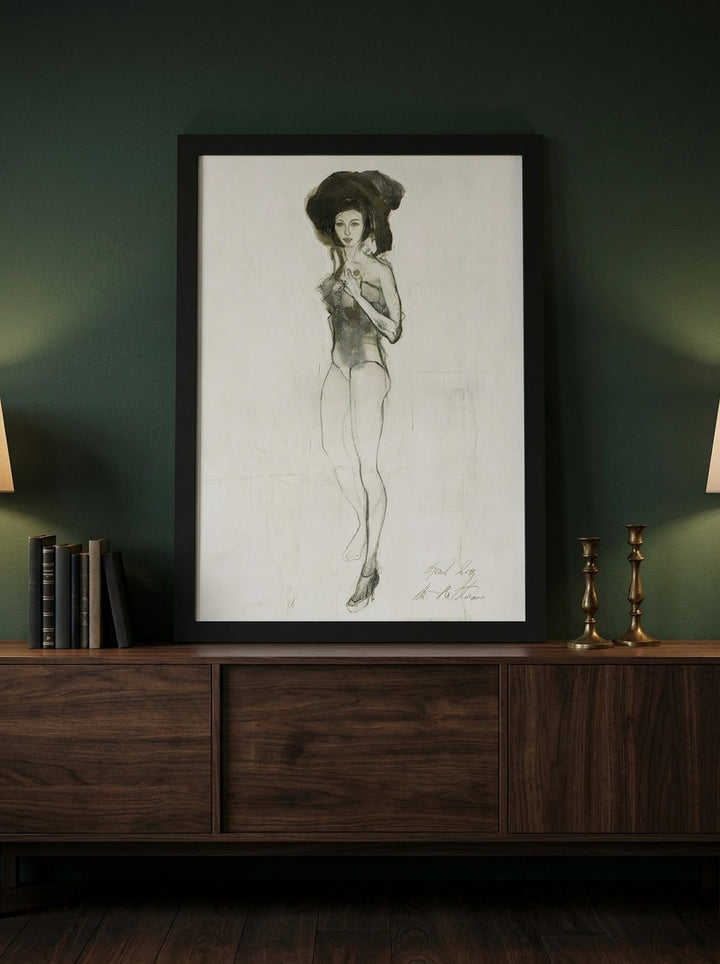 Modern wall art print standing on a sideboard in a moody bedroom