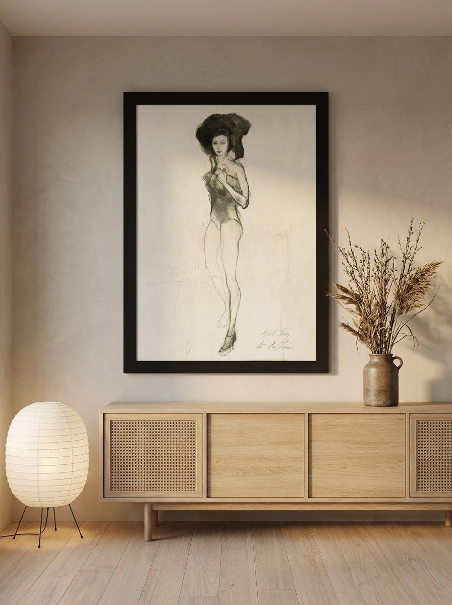 Oversized statement modern wall art print styled on the wall in a warm Japandi living room