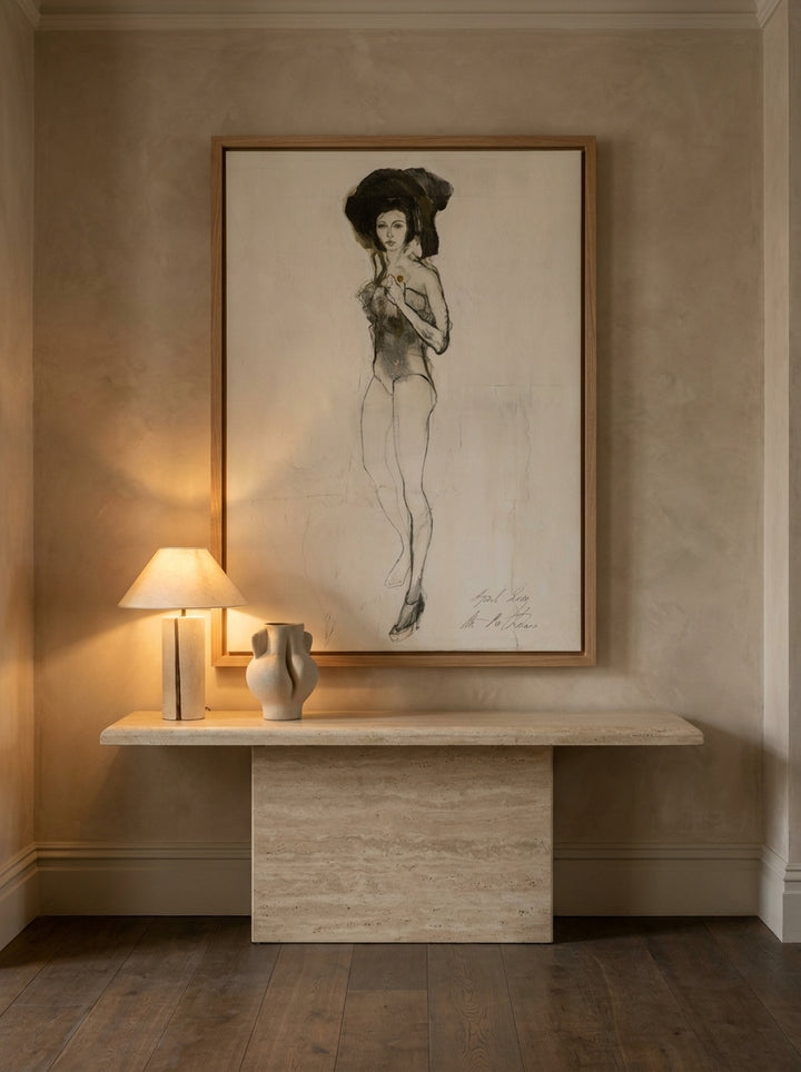 Oversized statement modern wall art print styled on the wall in a luxe living room