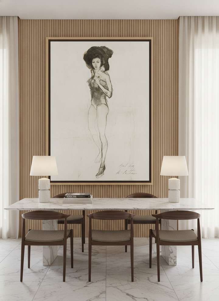 Oversized statement canvas wall art with a natural timber surround styled on the wall in a luxe dining room