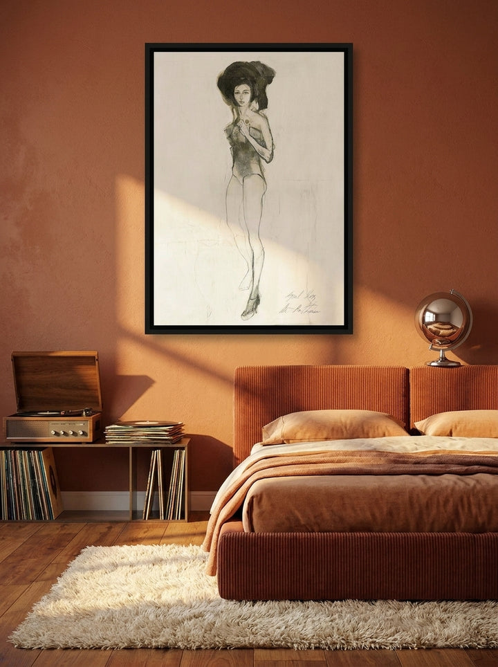 Canvas wall art with a black surround styled on the wall in a retro 70s bedroom