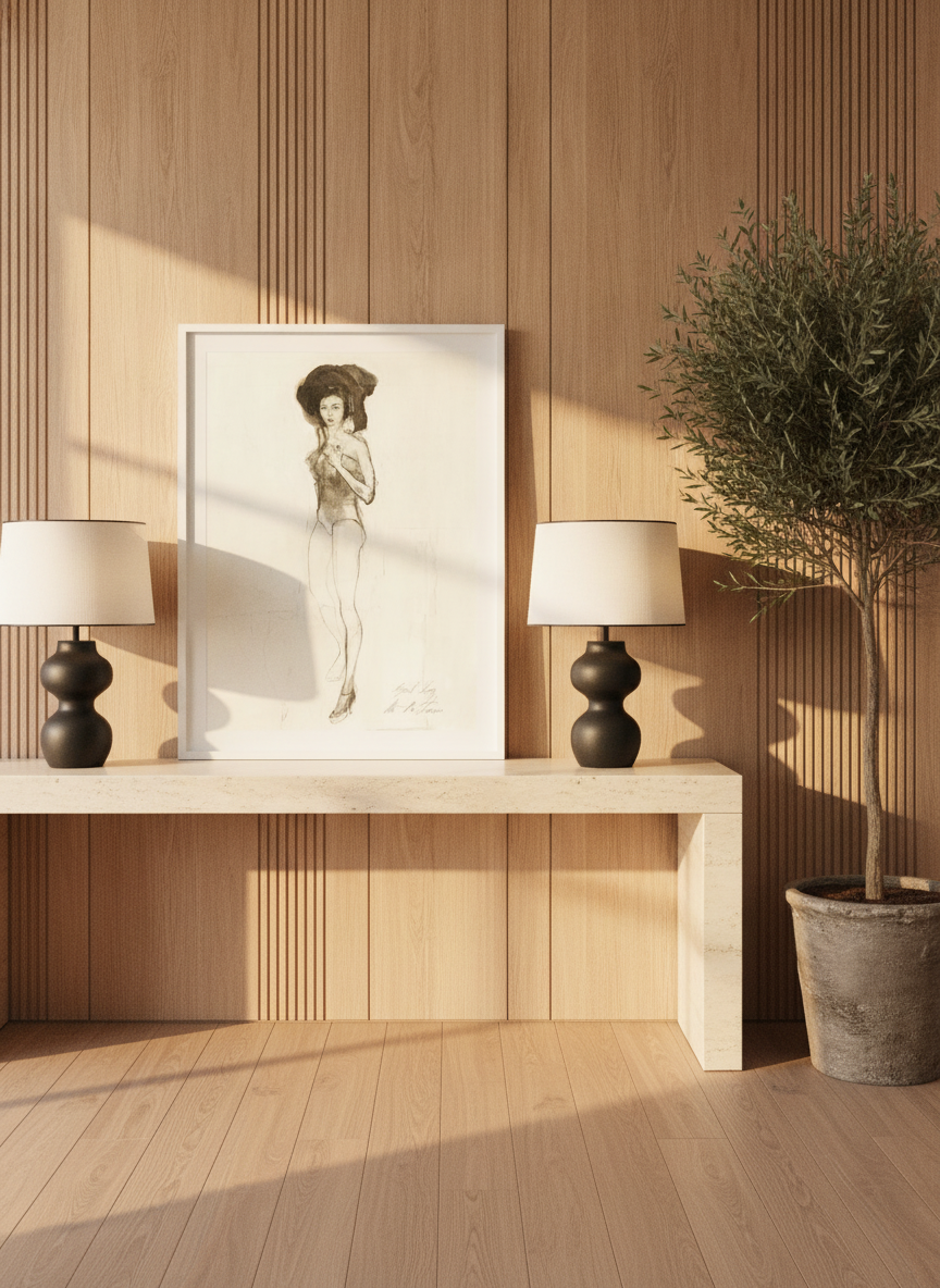 Modern wall art print standing on a console in a luxe home office