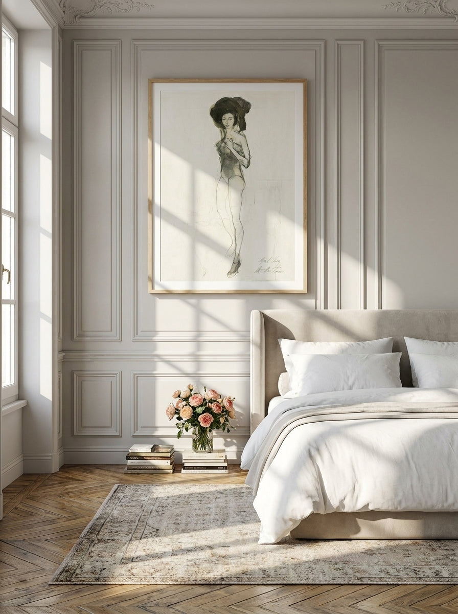 Modern wall art print styled on the wall in a Parisian bedroom
