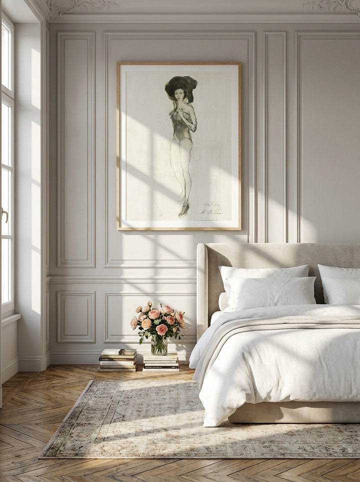 Modern wall art print styled on the wall in a Parisian bedroom