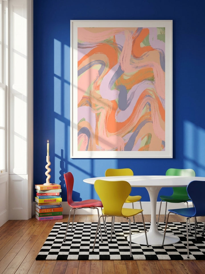 Oversized statement modern wall art print styled on the wall in a colourful eclectic dining room