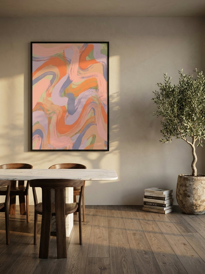 Oversized statement modern wall art print styled on the wall in a luxe dining room