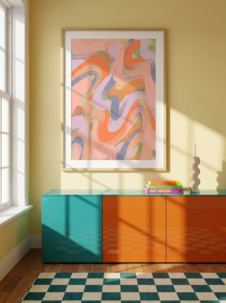Modern wall art print styled on the wall in a colourful eclectic living room